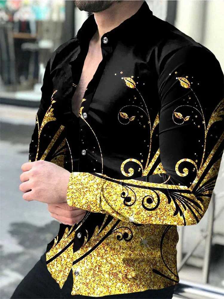 Men's Casual Shirts Hawaiian Shirts Luxury Golden Graphic Shirts Men Fashion Shirt Long Sleeve Cuba Lapel Beach Blouse Men Clothing Turn Over 240424