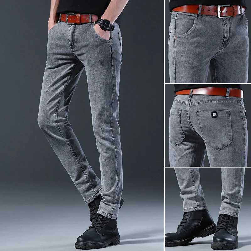 Men's Jeans Mens Fashion Letter denim pants ultra-thin straight gentleman relaxed fashion European and American style elastic mens luxury jeans grayL2404