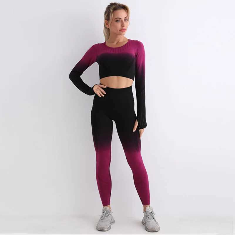 Kvinnors spårningsdräkter 2-delade sömlösa yogaställningar för kvinnors gymkläder Långärmad skörd topp sportkläder fitness ben sportkläder 240424