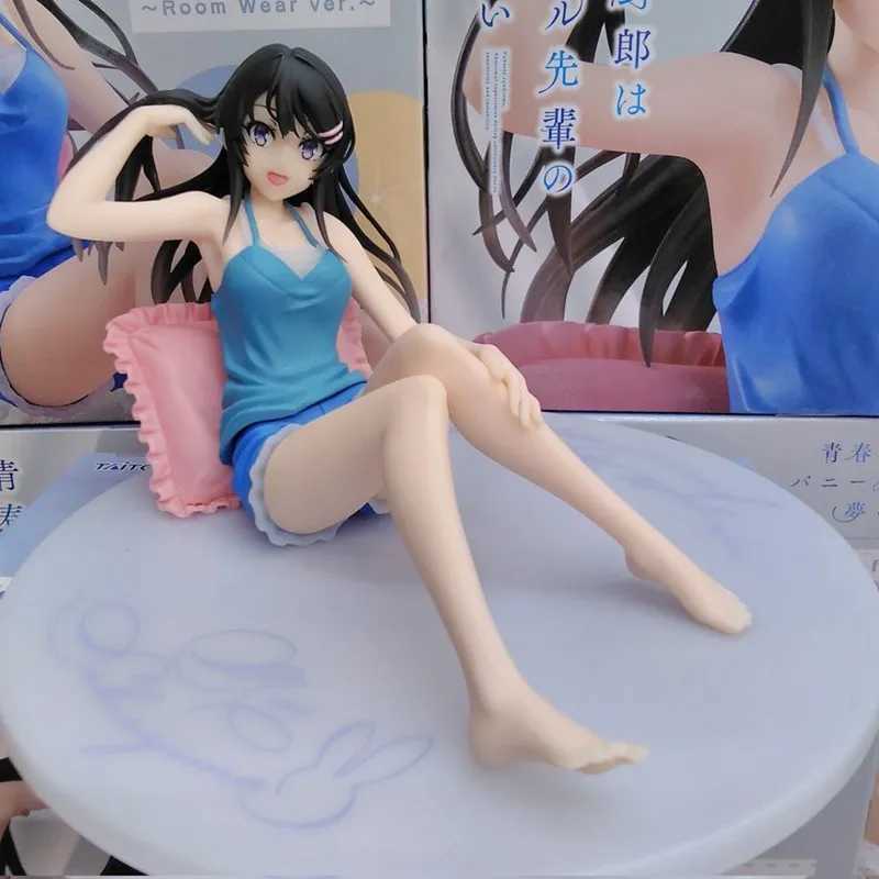 Action Toy Figures 9cm anime figur Sakurajima Mai Blue Suspenders Shorts Loungewear Sitting PVC Boxed Model Collection Gift Ornament Decoration Y240425W24T