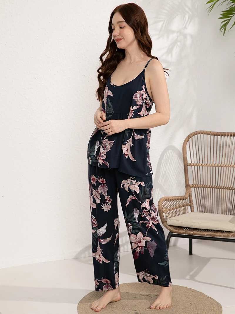 Ropa de dormir para mujeres Pajamas para mujer Conjunto de 2 piezas 100% viscosa talla grande S-3XL Home Pijima Set suelto Slpwear impreso