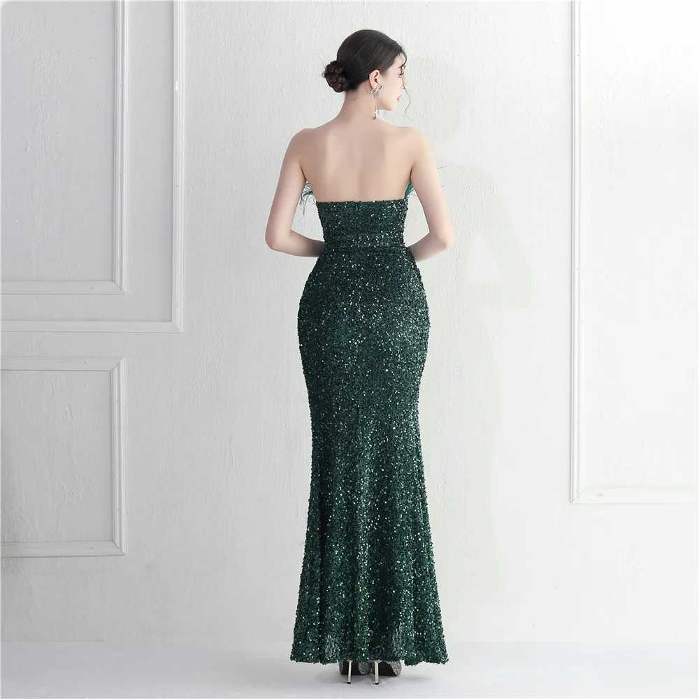 Runway Dresses Yidingzs Off Shoulder Feather Long Sexig Slit Sequin Dress Golvlängd Grn Color Evening Party Maxi Celebrity Dress Y240426