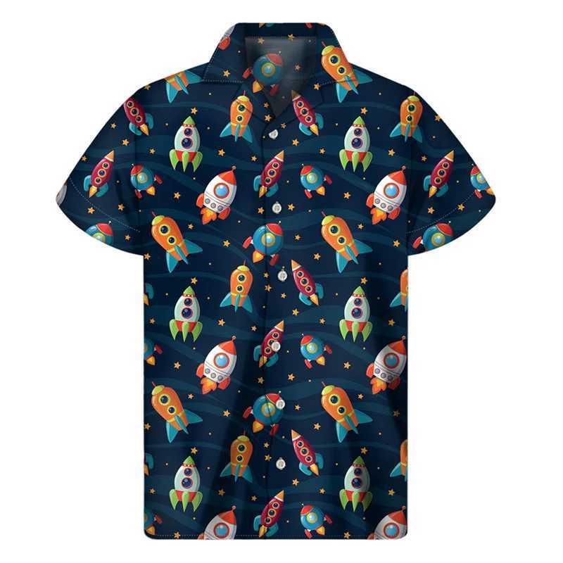 LZNL Men's Casual Shirts Cartoon Rocket Stars 3d Imprimé Shirt Men Vacation Summer Loose Short Manches Hawaiian Tee-Shirts Button Blouse Aloha Blouse 240424