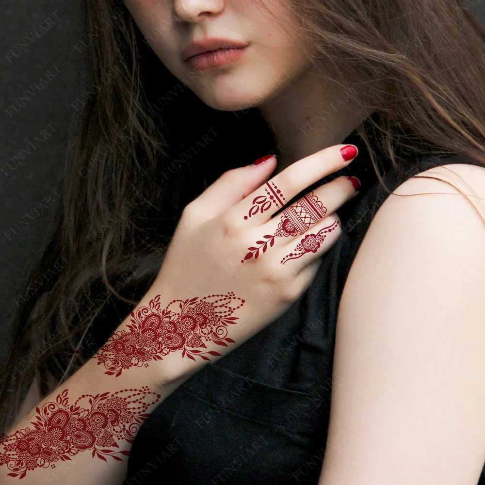 Tatuagem Transferência de tatuagem Maroon Henna Tattoo Stickers Tatuagens temporárias à prova d'água para o corpo da mão mehndi Tatoo falso para mulheres conjunto de tatuagens de flores 240426