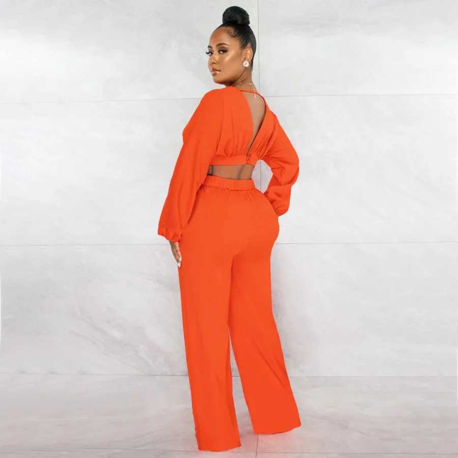 Women's Two Piece Pants Summer Fashion Solid Two-piece Set Women Casual Loose Backless Shirt Wide Leg Pants Two Piece Suit Women Y240426