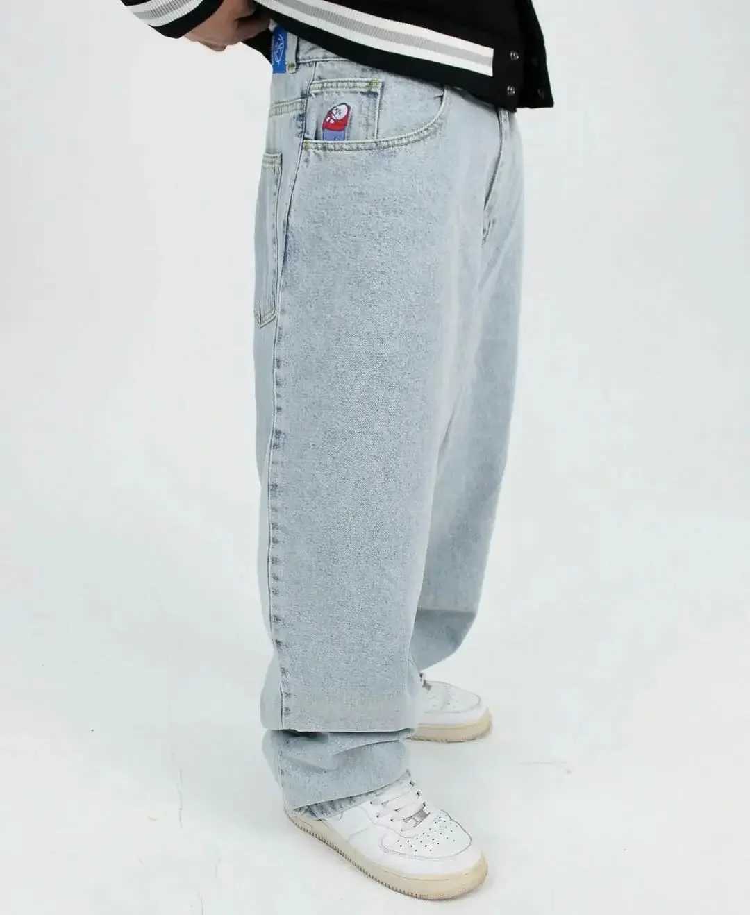 Men's Jeans Polar Big Boys Jeans Y2K Hip Hop Cartoon Embroidered Retro Blue Pocket Jeans Mens Gothic High Waist Wide Leg TrouserL2404