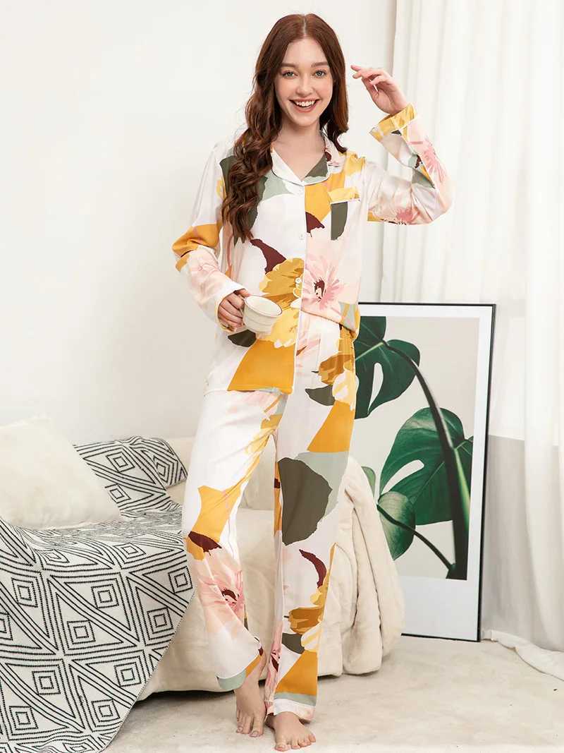 Women's Sleepwear Plus Size S-3XL Womens Pajama Set with Loose Fit and Double-Length Viscose Printing INS Style Pjamas for Women Y240426