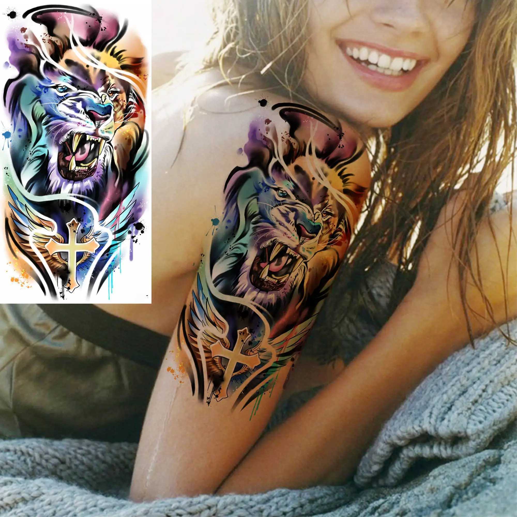 Tattoo Transfer 8 Blätter Flash Wolf Lion Tiger Temporäre Tattoos für Frauen Männer Erwachsene gefälschte Tattoo Aufkleber gefälschter Blumen Gangster Schädel Tatoos Kits 240426