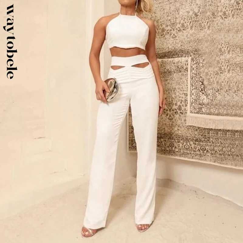 Pantaloni da due pezzi da donna Waytobele Women Women Two Piece Set Summer Halter Lace Up Scless Shveless Short Top Solid Chic Out Out Pants Set Strtwear Y240426