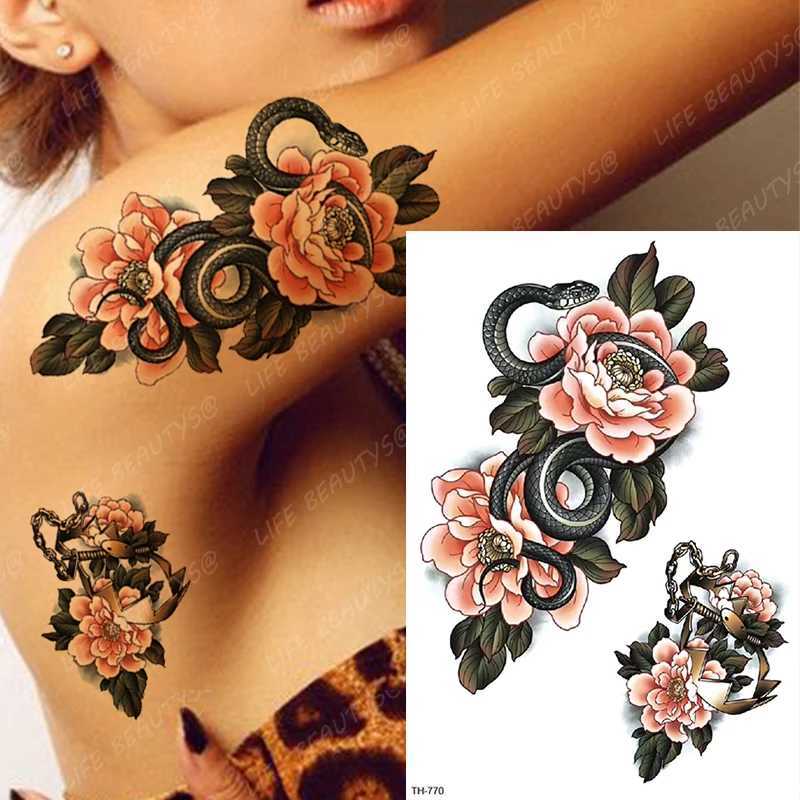 Tattoo Transfer Snake Flower Scorpion Rose Fox Wolf Waterdichte tijdelijke Tattoo Sticker Tiger Dames Dieren Flash Black Body Art Fake Sleeve 240426