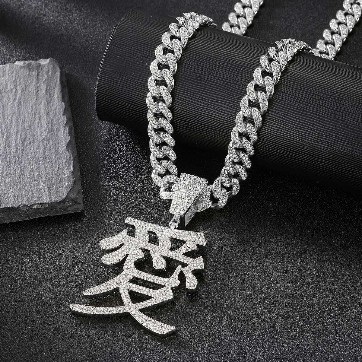 Strands Chinese Character Love Pendant Iced out 13MM Cuban Chain Hip Hop Fashion Jewelry 240424