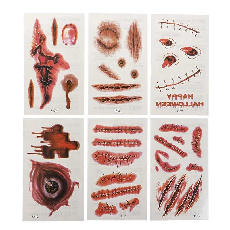 Tattoo Transfer Halloween Theme Bloody Wound Tattoo Stickers Waterproof Temporary Face Makeup Kids Party Favors Decoration 240426