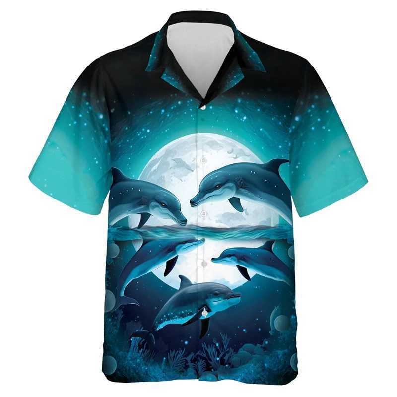 1WE1 Men's Casual Shirts Harajuku Fashion Dolphin Graphic Shirts For Men Clothes Casual Hawaiian Beach Shirt Aloha Cartoon Ocean Animal Blouses Lapel Top 240424
