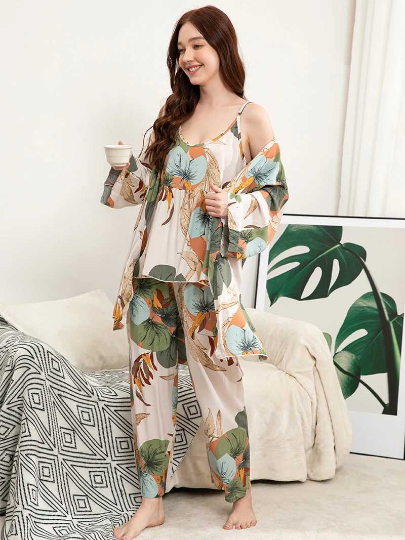 Frauen Nachtwäsche Frühling Herbst Plus Size S-XXXL Viskose Blumendruck Frauen Slpwear Ladies Lose Dünn Homewear Thr-Stück Pyjamas Set Y240426