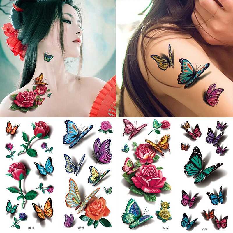 Transfert de tatouage 3D Butterfly Tatouage Autocollant pour femmes Temporaire du corps Tatouage Autocollant Rose Fleur Feuat Tatouage Lady Afficulture FaToo Tatoo 240426