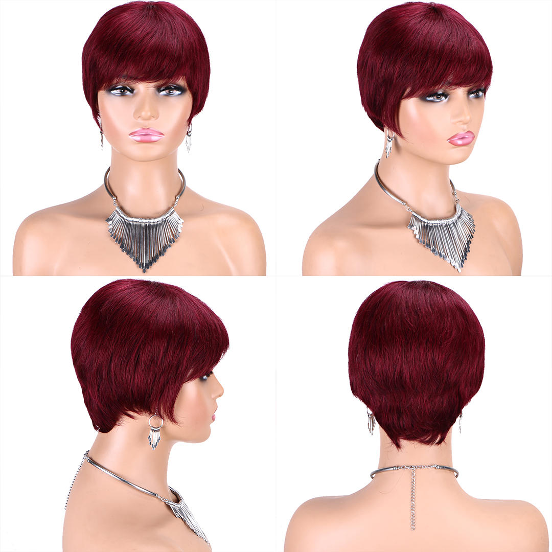 Layered Pixie Cut Short Wig With Bangs 100% Brazilian Human Hair Burgundy Purple 99J Glueless Machine Made With Razor Comb With Wig Cap Adjustable Cap