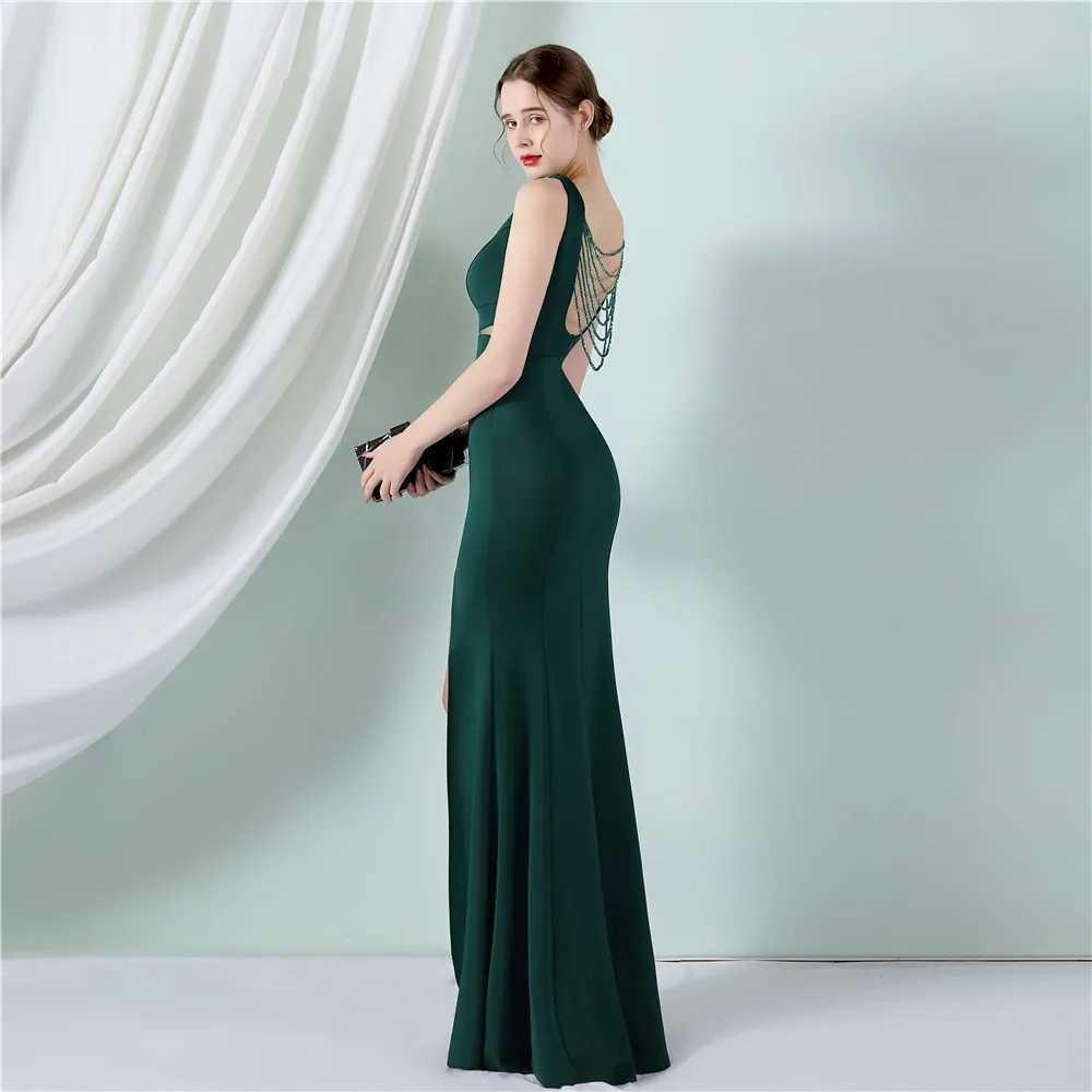 Runway Dresses Yidingzs Soft Satin Sexig band Grn Party Dress Slit Evening Dress Womens Backless Maxi Dress Long Prom Dress 18578 Y240426