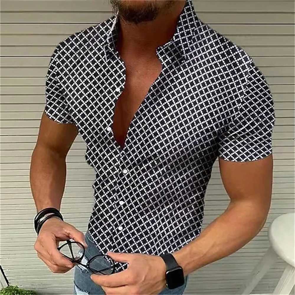 Mäns casual skjortor Summer Mens High Quality Solid Vintage Plaid Shirt Fashion Casual Luxury Shirt Short Sleeve Mens Aloha Shirt Top 5xl 2023 240424