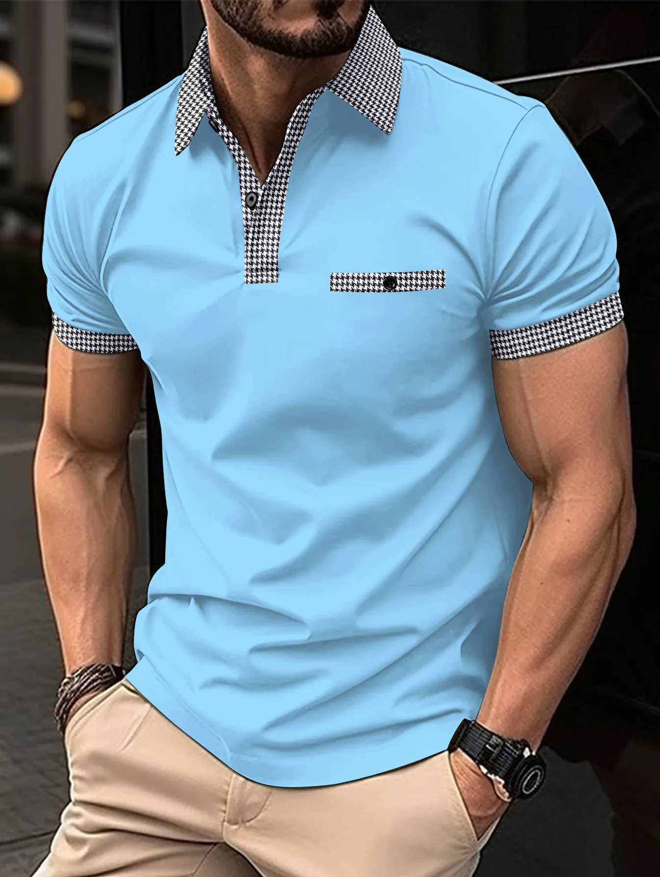 T-shirt maschile 2023 Summer New Mens Casual Shorte Shorted Shirt Office Fashion Flip Collar T-Shirt Mens Polo traspirante Abbigliamento da uomo J240426