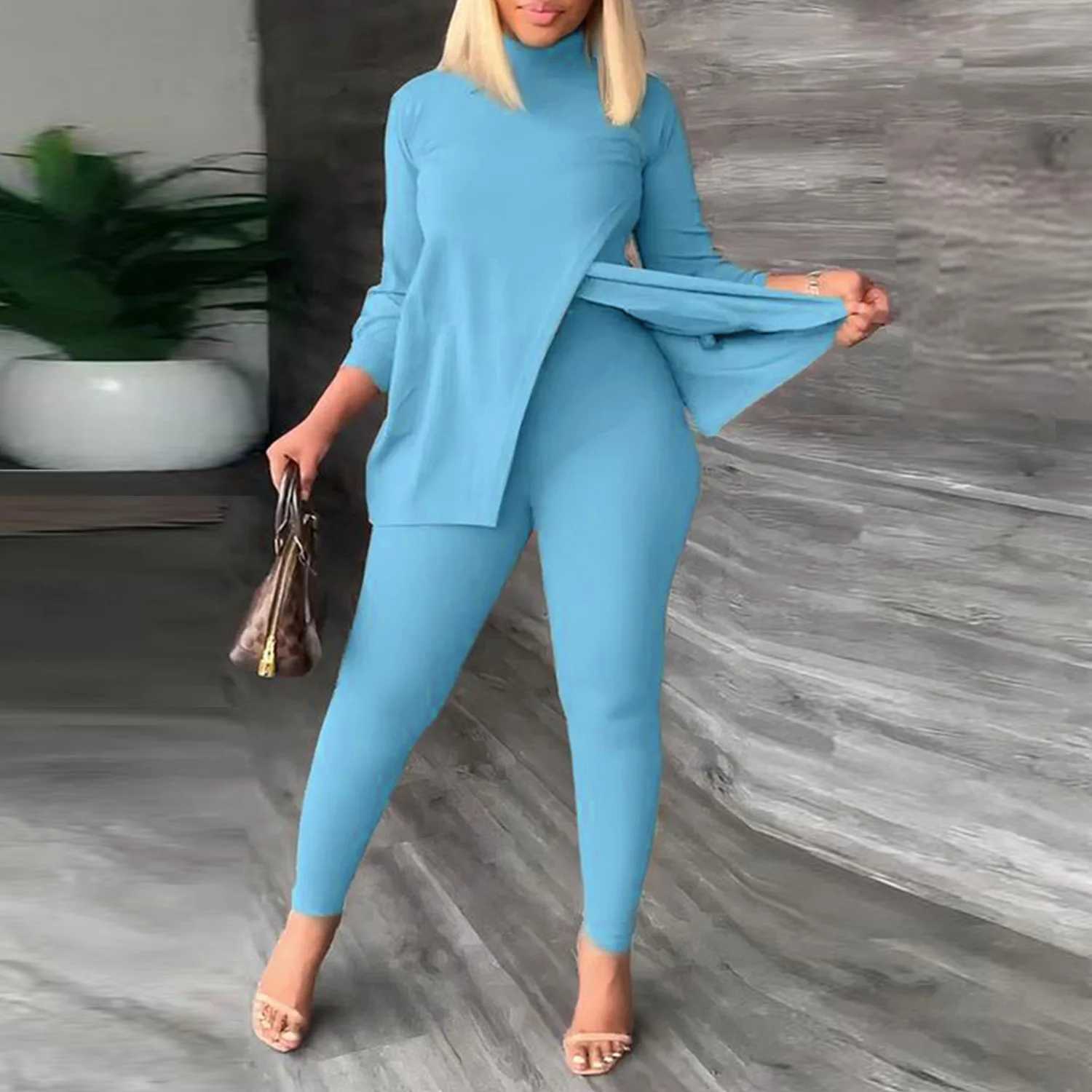 Women's Two Piece Pants Autumn Winter Fashion Casual Two Piece Set Women Solid Color Long Slve Split Tshirt Leggings Two Piece Pant Suit Women Y240426