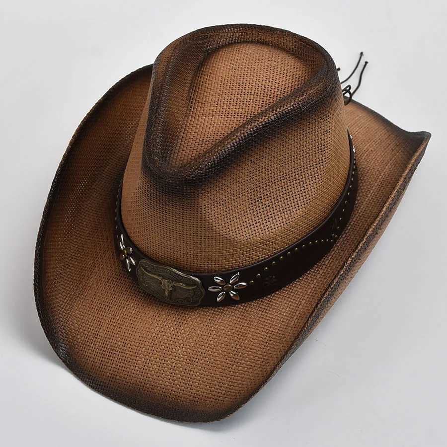 Breite Krempelnhüte Eimer Hüte Vintage Curled Edge Western Cowboy Hut für Herren Frauen Sommer verdickter Strohstrand Sonne Hut Sombrero Hombre Y240425