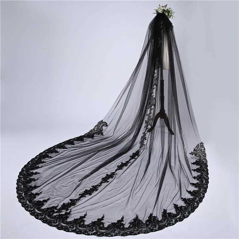 Bijoux de cheveux de mariage Real Pictures Nouveau Veille de mariage noir Cathédrale Longueur Applique dentelle Edge 1L avec peigne Accessoires de mariage Veil nuptial avec peigne