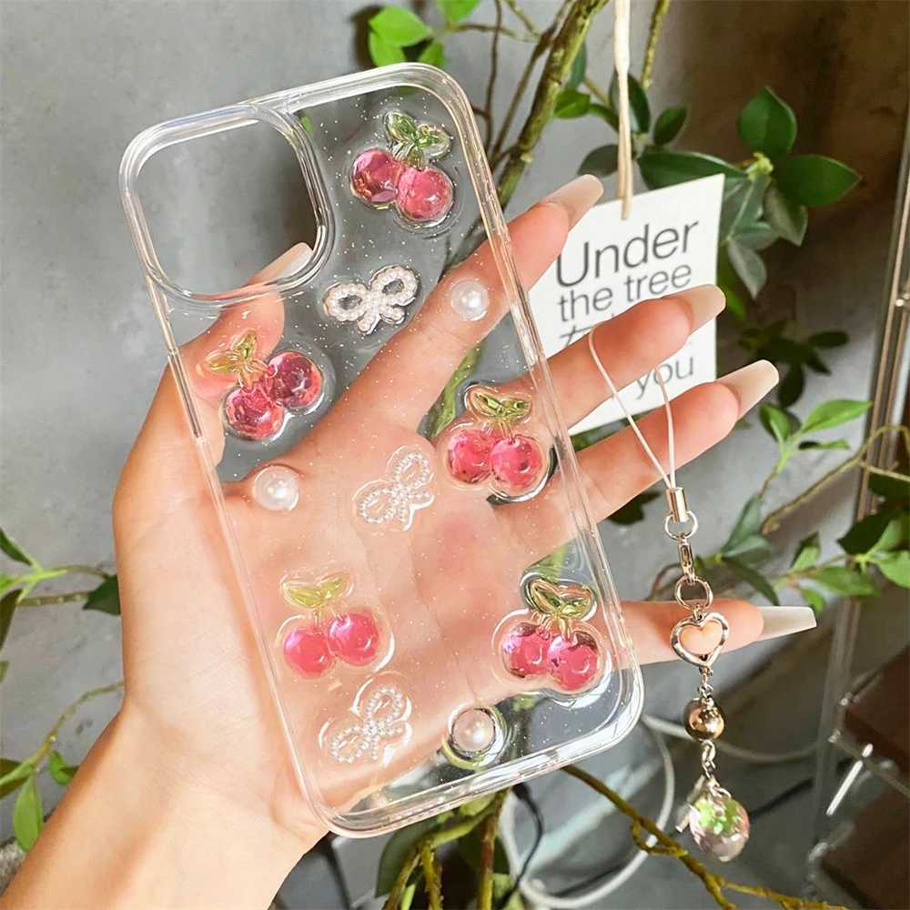 Case di telefonia cellulare Cute 3D Cherry Pearl Bow Strawberry Sust Soft Shell Adatto iPhone 15 14 Pro Max 13 12 11 Xs XS XR Mini Shock Transparent Shock Cap J240426