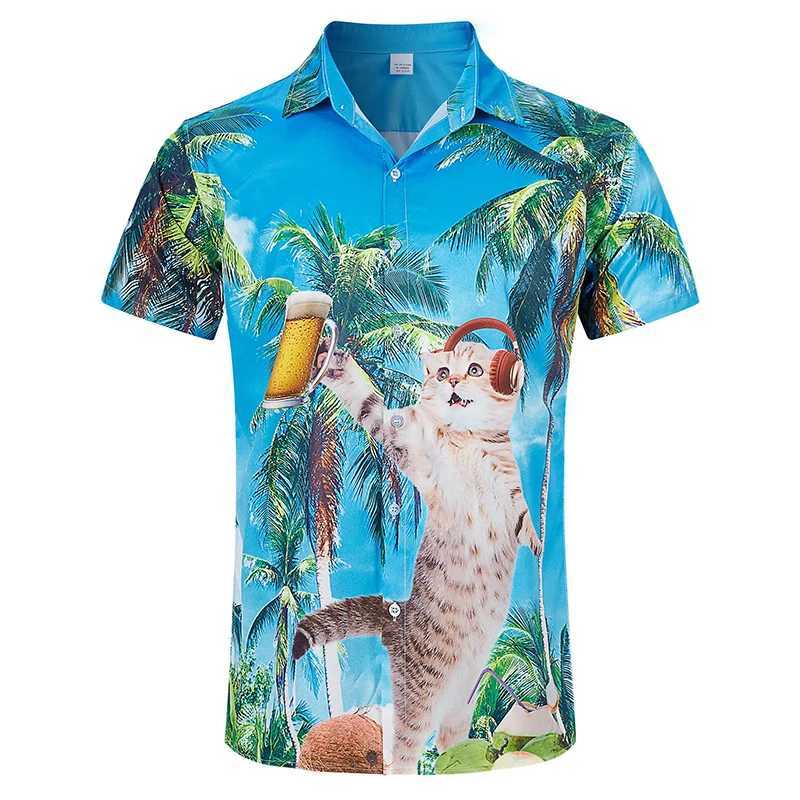 Men's Casual Shirts Summer Mens Hawaiian Shirts 3D Print Funny Cat Graphic Beach Shirt Casual Short Sleeve Button Down Aloha Dress T Shirts Clothes 240424