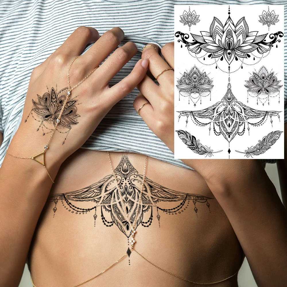 Transfert de tatouage Rejaski Black Henné en dentelle Black Tattoos Tattoos Autocollant pour femmes papillon papillon mehndi false de tatoute autocollant plume flore tatoo 240427