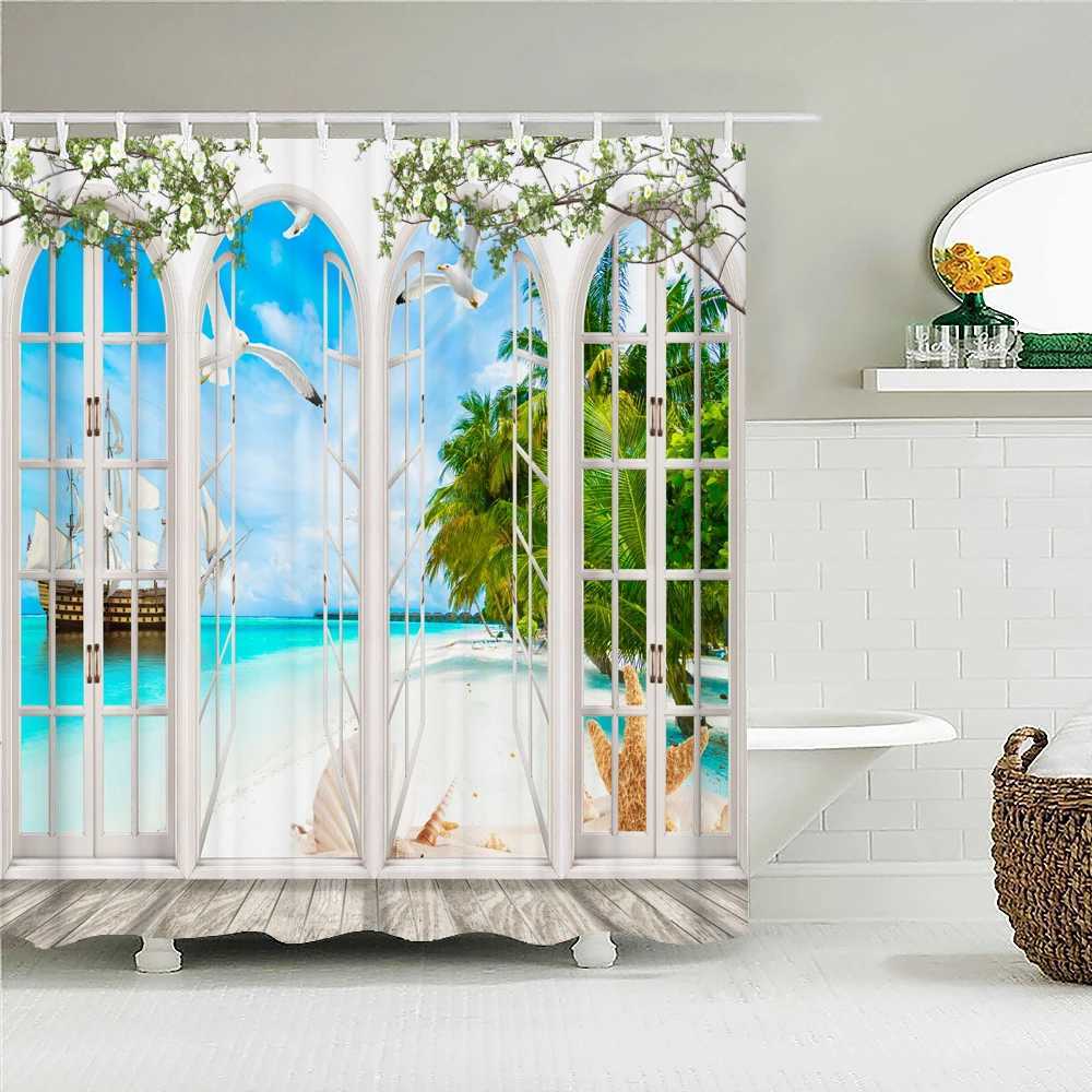 Rideaux de douche décoration de salle de bain rideau de douche paysage des fleurs rétro à l'extérieur de la fenêtre Imprimer des rideaux de douche imperméables