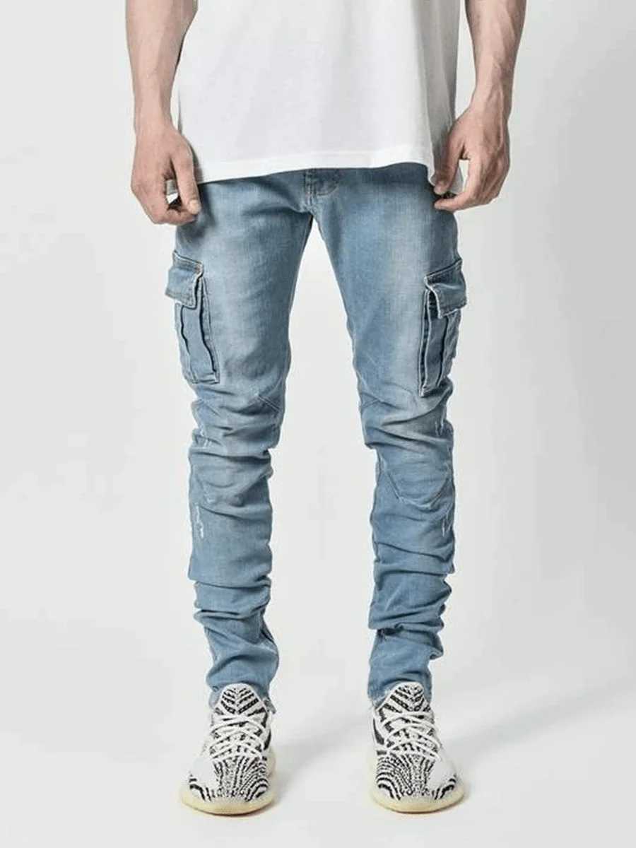 Erkek kot erkek siyah kargo pantolon çok cepli denim pantalonlar mavi ultra zeka ceket hombre moda gündelik sokak giyim pantolon 3xll2404