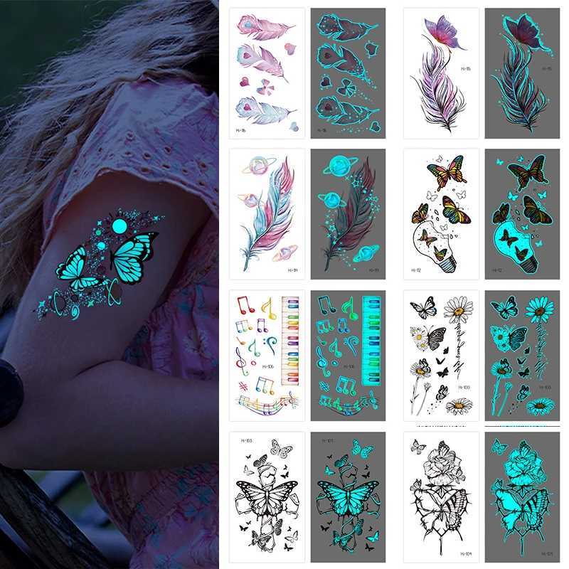 Transfert de tatouage Blue Luminfly Butterfly Stickers Femmes Femmes ARM FACT VACTURE TATOOS ART TATOOS TATOOS BATTERFLY SYLLABLE ÉLECTRIQUE TATOUCE 240427