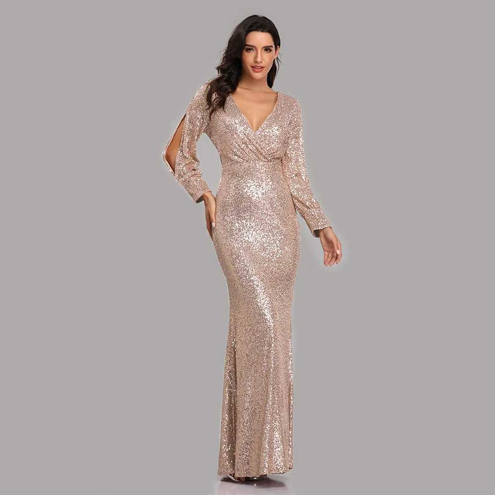 Runway Dresses Womens mousserande paljetter Mermaid Evening Slve Ballgown V Neck Long Slve Mermaid Dress for Date Formal Dress Women Elegant Y240426