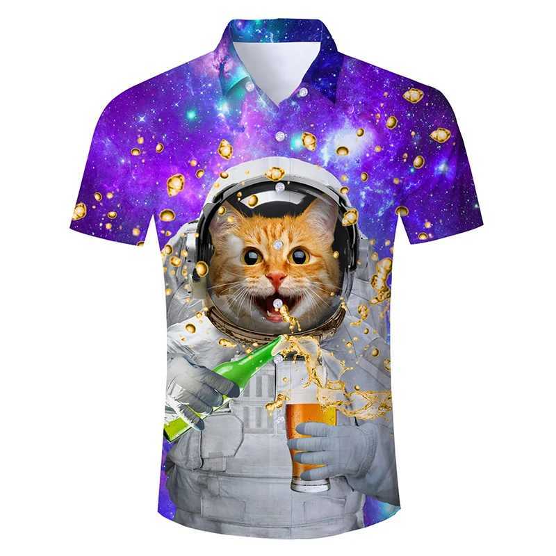 Men's Casual Shirts Summer Mens Hawaiian Shirts 3D Print Funny Cat Graphic Beach Shirt Casual Short Sleeve Button Down Aloha Dress T Shirts Clothes 240424