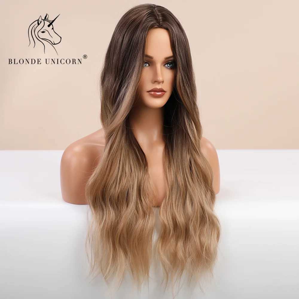 Synthetische pruiken goudharige eenhoorn synthetische pruik Ombre blond blond bruin lang gesplitste haar dames natuurgolf warmtebestendige vezel Q240427