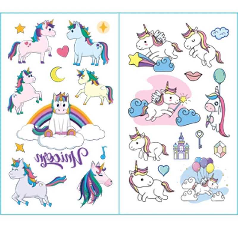 TRASFERITO TATTOO Cartoon Unicorno Tattoo Set di tatuaggi temporanei Cinetto colore Falso Tattoo adesivo Tatoo bambini Tatuaggi bambini impermeabili 240426