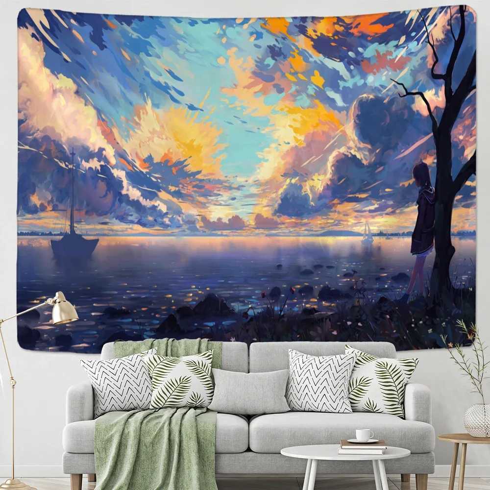 Wandteppiche Cartoon Girl Landschaft Wandteppich Wand Hanging Boho bunte Kawaii Ölmalerei Kunstraum Schlafsaal Dekor Hintergrund