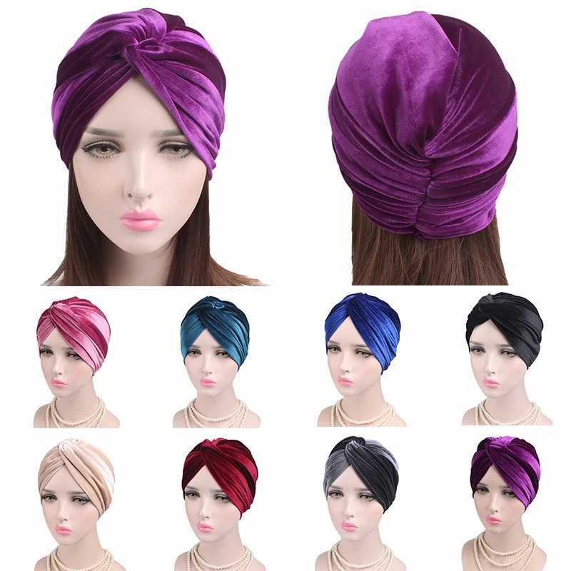 Bandanas Durag Luxury Soft Velvet Turbo Elastic Turbo Hat Cross Twisted Hat Chemical Hat Soft pannband med muslimsk pannband 240426