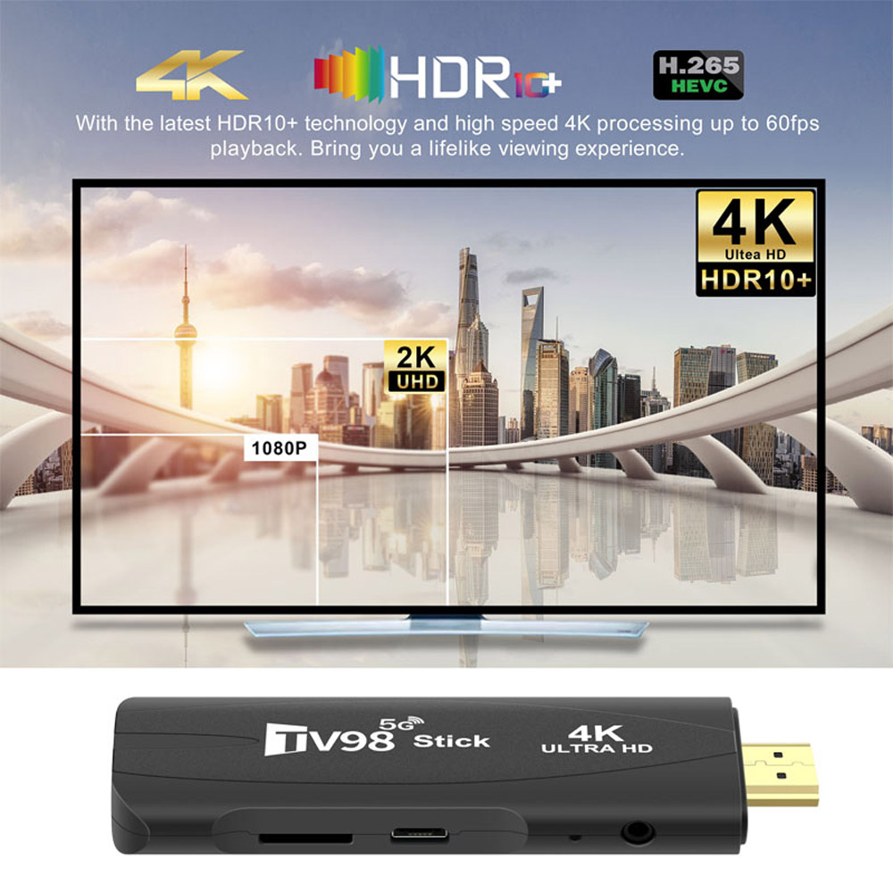 TV98 Mini TV Stick Android 12.1 4K HD 2G 16G TV Box 2.4G 5G Dual Wifi Smart TV Box H.265 Media Player TV Receptor de receptores Top Box