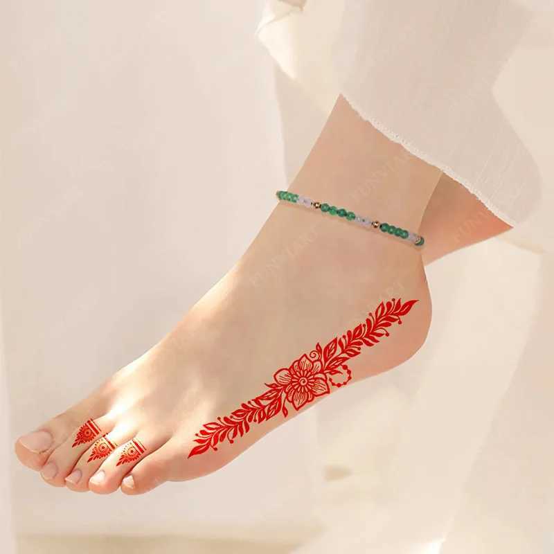 Tatuaż Transfer Nowy projekt Czerwony Henna Tatuaż Naklejki do ręki Foot Flower Tymczasowe tatuaże do Woomen Wedding Party Fake Tattoo Waterproof 240426