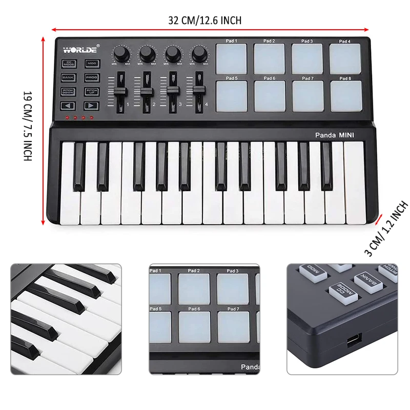 Claviers Worlde 25key Panda Tuna MIDI Contrôleur portable USB Clavier Drum Pad Musique Arrangeur Clavier Contrôleur de son électronique