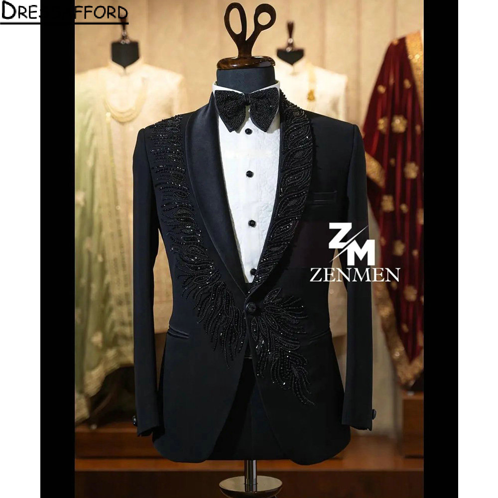 Crystal perline nere Due pezzi uomini abiti da sposa da blazer da festa serale giacca + pantaloni