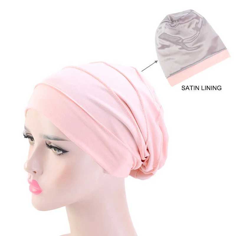 Bandanas durag 2022 Nuovo fascia musulmana elastica elastica fascia di testa in cotone a colori solidi femmini a fascia inverno calda cappello a fascia interno Cappello chimico 240426