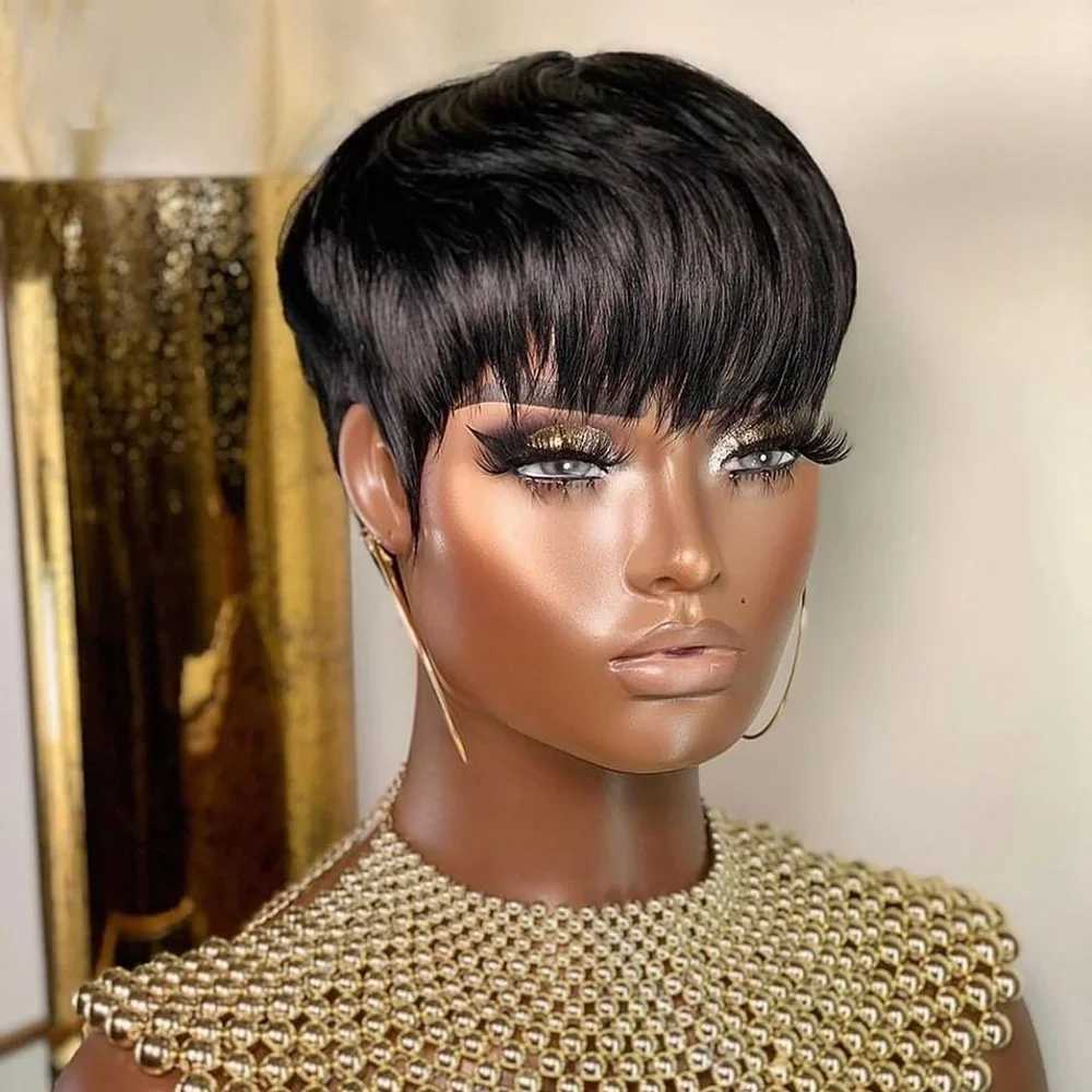 Synthetic Wigs Short human hair wig Pixie Cut straight perque bresillierne black womens machine made with bangs cheap adhesive free Q240427