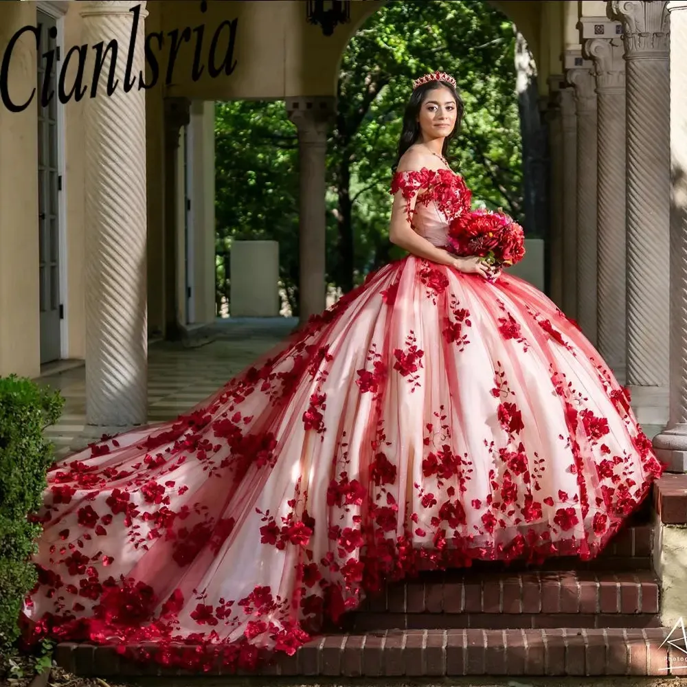 Red Beading 3D Floral Lace Quinceanera vestido de baile do ombro Princess para festa de aniversário de 15 anos