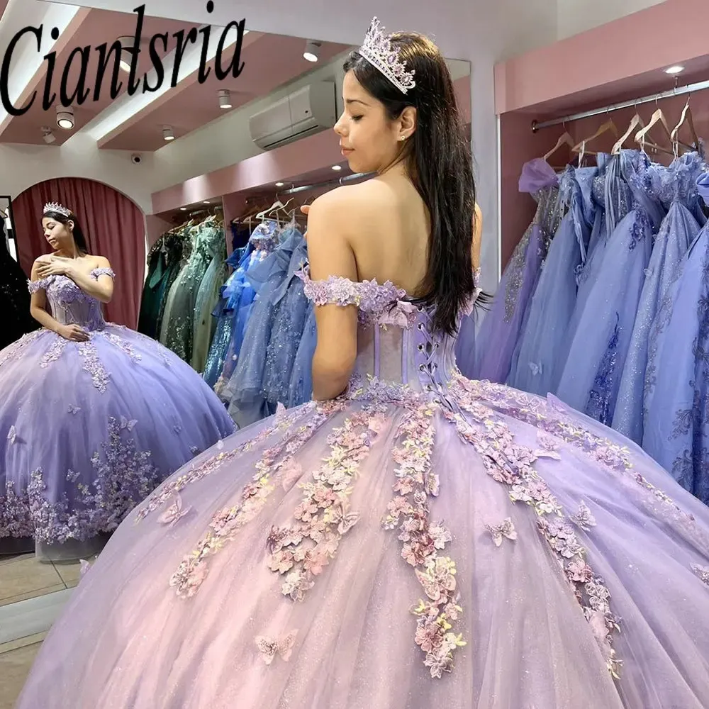 Lilas illusion 3d fleurs quinceanera robes robes de bal hors de l'épaule appliques dentelle princesse pour sweet 15 anniversaire