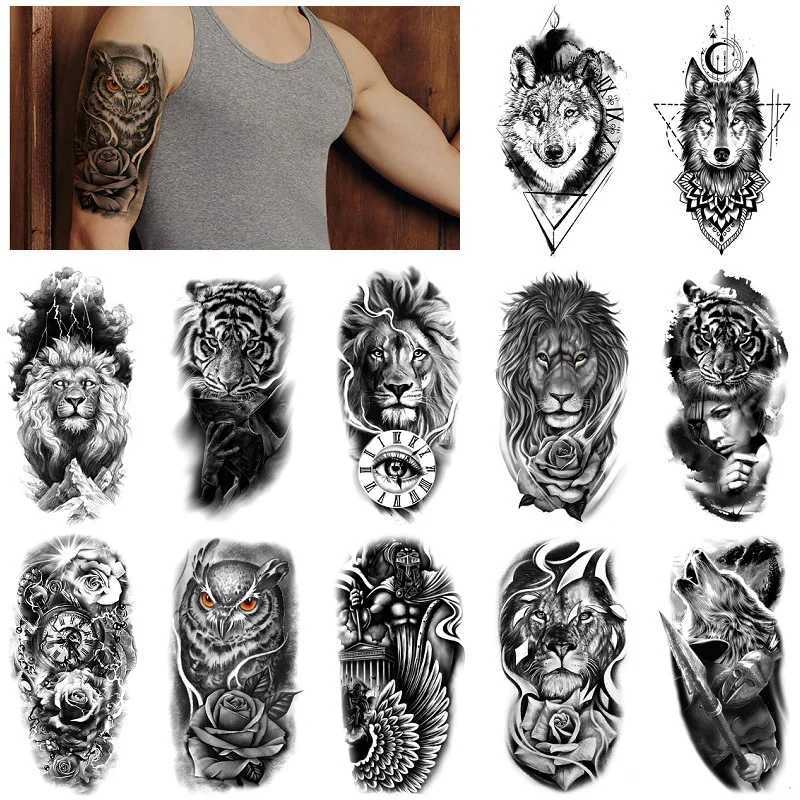 Tatuagem Transferência de /Defina o adesivo de tatuagem da floresta negra para homens mulheres tigre lobo crânio temporário falsa henna esqueleto rei animal tatoo 240426