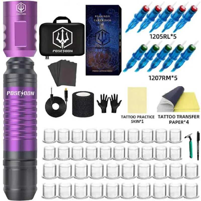 Tattoo -overdracht Poseidon Tattoo Kit Purple Rotary Tattoo Gun Kit voor permanente make -uptattoo machine kit Wireless Tattoo voeding Tattoo Pen 240427