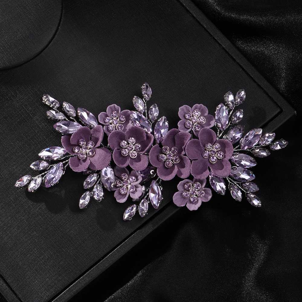 Hårklämmor Barrettes Trendy Rhinestone Flower Bridal Hair Clip Purple Wedding Hair Accessories Party Hårprydnad för kvinnor huvudbonad handgjorda tiara 240426