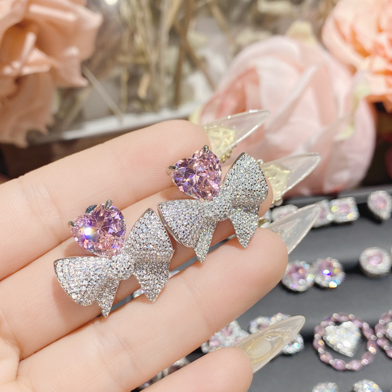 Nieuwe designer oorbellen sprankelende roze strass bowknot oorbellen voor mode dames oorbel oorringen sieraden groothandel